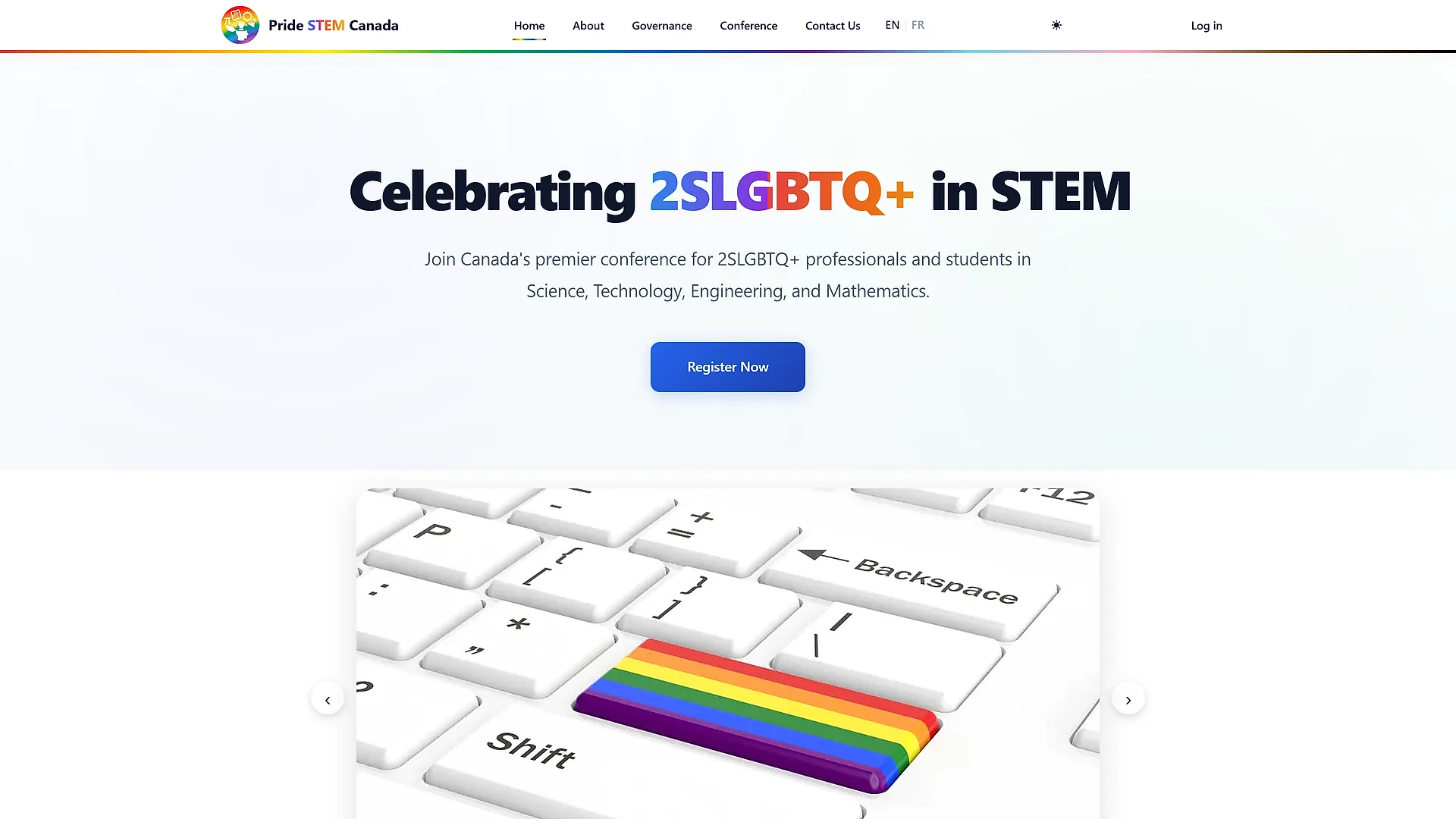 The Pride STEM Canada conference home page, with the registration call to action and the language switch between English and French.
